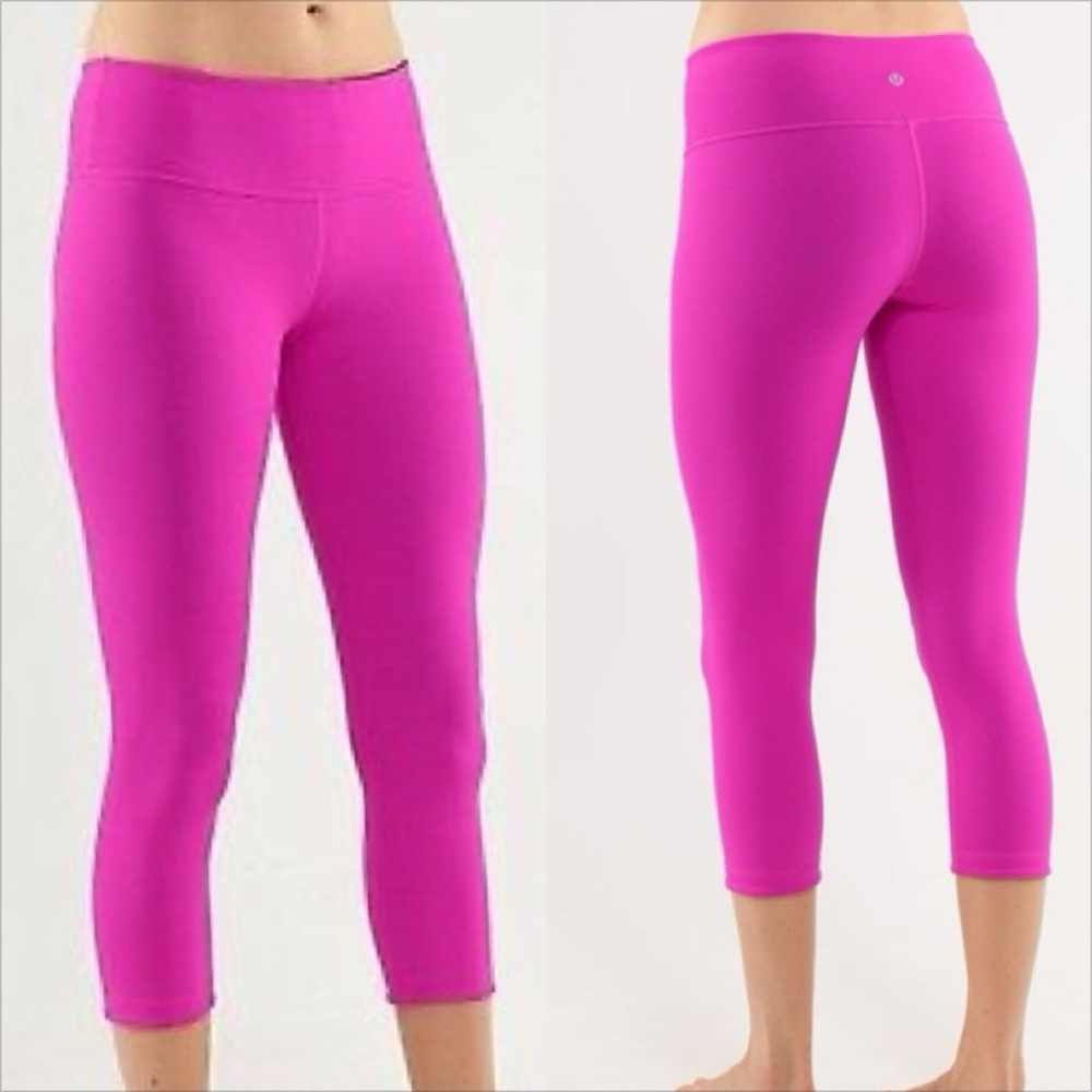 Lululemon Wunder Under Crop leggings neon pink‎ and plum, women’s size 12